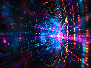Vibrant digital tunnel with dynamic light trails and geometric patterns, representing speed, technology, and data flow in a futuristic atmosphere.