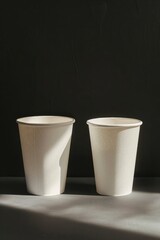 Two beige paper cups on a black background with soft falling light. Mockup. Vertical orientation