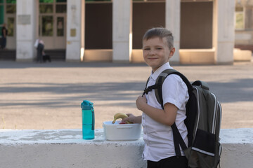 Positive schoolboy enjoying healthy lunch during recess outdoor