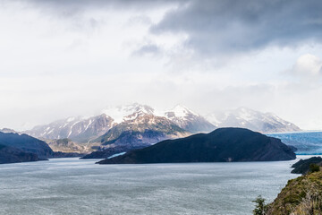 Impressive view of Glacier grey, during a hike from Refugio Grey to Paine grande, along lake grey in Torres Del Paine national park, Patagonia, Chile.