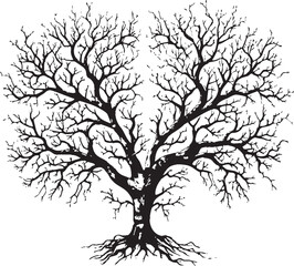 Heart Shaped Dry Tree Emblem Ornate Symbol Iconic Tree Silhouette in Heart Shape Vintage Vector Emblem
