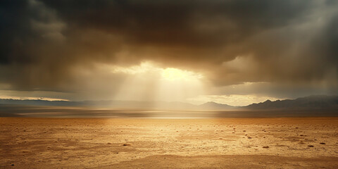 a vast desert landscape with dramatic clouds