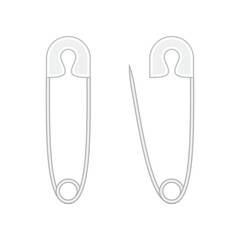 Open and closed safety pin in realistic style. Metal Safety Pins icon.