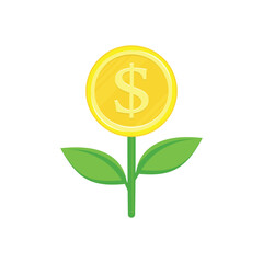 Money tree icon with coin dollar. Growing money tree in flat style. Business profit investment, finance loan or earning.