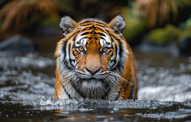 Siberian tiger Panthera tigris altaica low angle photo direct face view running in the water directly at camera with water splashing around in nature habitat Russia.