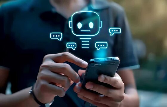 A young man types on a smartphone with AI chatbot icons above the screen
