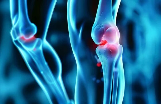 A closeup of the knee pain joint with an X ray digital background