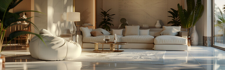Interior composition of modern sophisticated living room inspired by Scandinavian elegance in background

