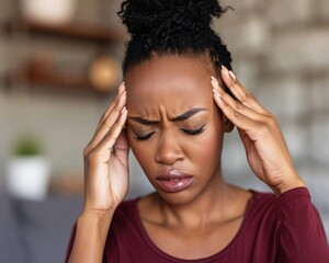 Fototapeta premium A woman rubs her temples with a pained expression. This indicates both headaches and fatigue.