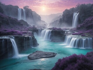 Fototapeta premium Stunning Fantasy Waterfalls in Mystical Landscape with Purple Flora at Sunrise
