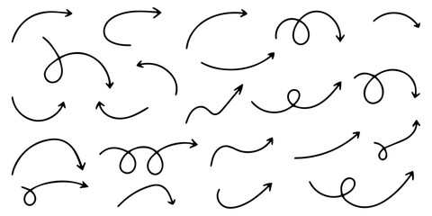 Set of vector curved arrows hand drawn. Sketch doodle style. Collection of pointers.