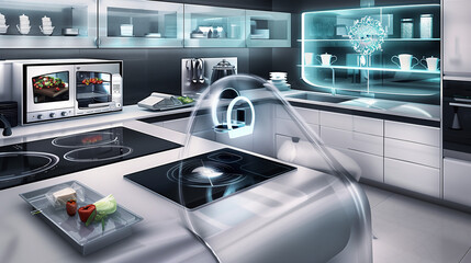 AI-Enabled Smart Kitchen Appliances Preparing a Meal in a Modern Home Design, Showcasing Innovative Cooking Technology