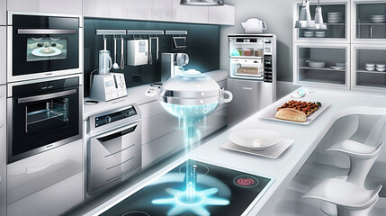 AI-Enabled Smart Kitchen Appliances Preparing a Meal in a Modern Home Design, Showcasing Innovative Cooking Technology