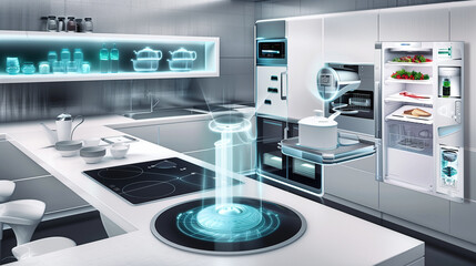 AI-Enabled Smart Kitchen Appliances Preparing a Meal in a Modern Home Design, Showcasing Innovative Cooking Technology