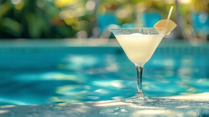Cocktail drink on the corner of a pool, beautiful vacation background