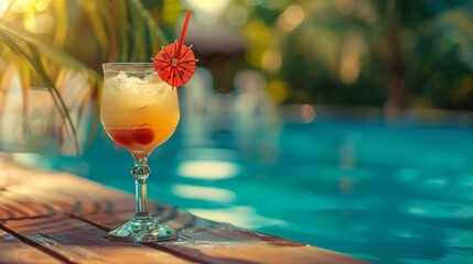 Cocktail drink on the corner of a pool, beautiful vacation background
