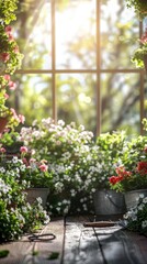 Naklejka premium Spring garden sale banner with blooming flowers and gardening tools copy space, spring, ethereal, Fusion, Garden center backdrop