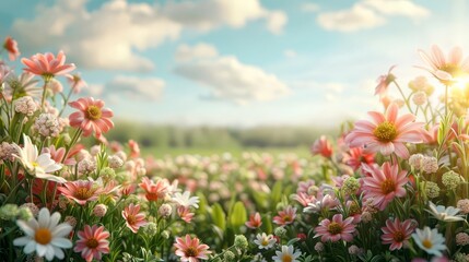 Fototapeta premium Spring sale banner with blooming flowers and green fields copy space, spring, dynamic, Manipulation, Flower market backdrop