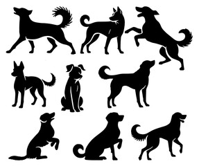 Dogs Silhouette: Canine Pets, Domestic Animals, Flat Vector Illustration