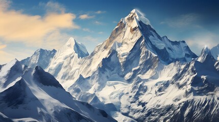 Panoramic view of snow-capped mountain peaks in the clouds