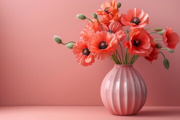 Vibrant red poppies in a pink vase against a light pink background