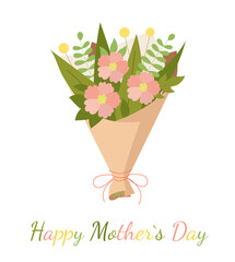 A bouquet of pink flowers and greenery for Mothers Day. Celebration and appreciation greeting card. Vector illustration isolated on white background