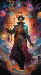 Fototapeta premium Alchemist's Mastery - Vibrant Portrait of a Confident Magician Amidst Mystical Elements and Symbols in Illustrative Painting