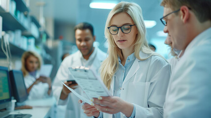 Woman in lab examining paper