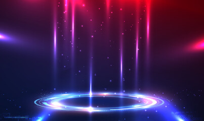 Neon Sci Fi futuristic circle portal. Teleport podium, display, stage technology with light and sparkles. Hi-tech technology design for showcase. Cyberpunk style. Digital HUD GUI UI. Tech Vector EPS10