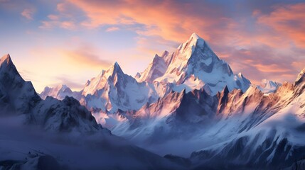 Panoramic view of Himalaya mountains at sunset, Nepal.