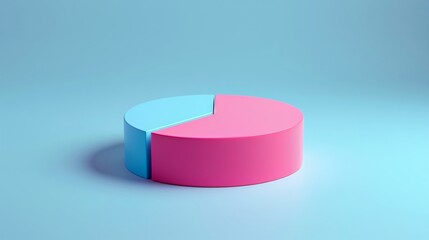 Fototapeta premium 3D pie chart with pink and blue segments on a light blue background, ideal for business presentations and data visualization. 3D Illustration.