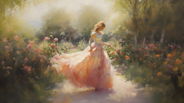 Woman in pink dress walking through a garden impressionist painting