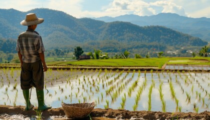 Obraz premium A farmer stands overlooking a large rice field