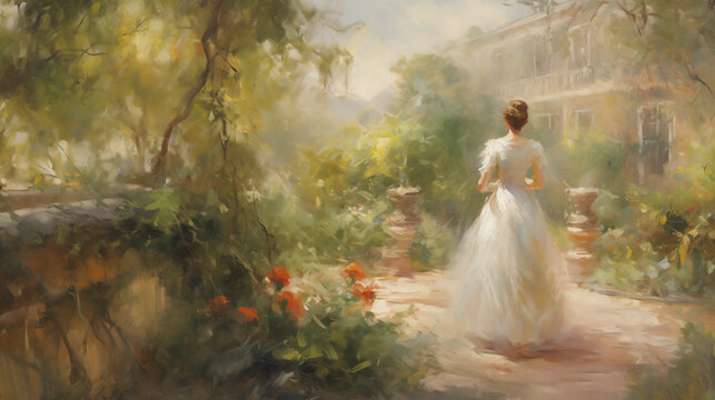 Naklejki Woman in white dress walking through garden impressionist painting