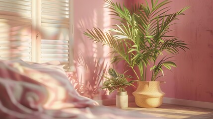 Obraz premium Dypsis lutescens tree, chic bedroom, minimalist Scandinavian style, soft pastel colors, 3D illustration