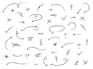 Set of chalked arrow, lines and speech bubbles. Hand drawn black symbols for hand drawn diagrams. Different curved arrows, swirls, crosses, circles and check marks.