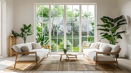 Bright modern living room with minimalist design and large windows. Nature-themed interior with plentiful greenery and natural light. AI
