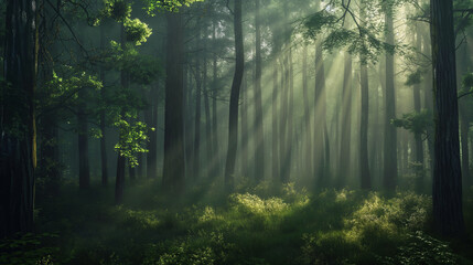 Obraz premium sunlight, rays, forest, trees, nature, landscape, sunshine, woods, scenic, sunlight through trees, woodland, outdoors, environment, sunny day, natural light, foliage, sunbeams, tranquil