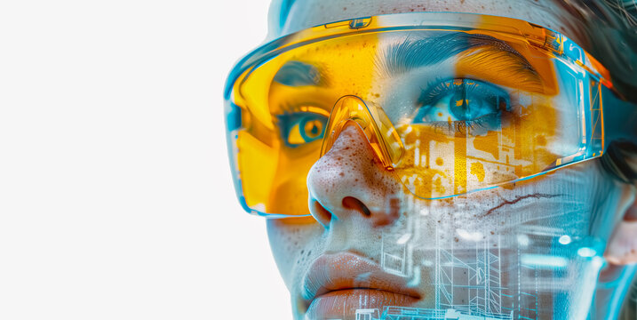 AI technology. Glasses with artificial intelligence function. Closeup portrait of beautiful woman wearing yellow hi-tech protection glasses. 