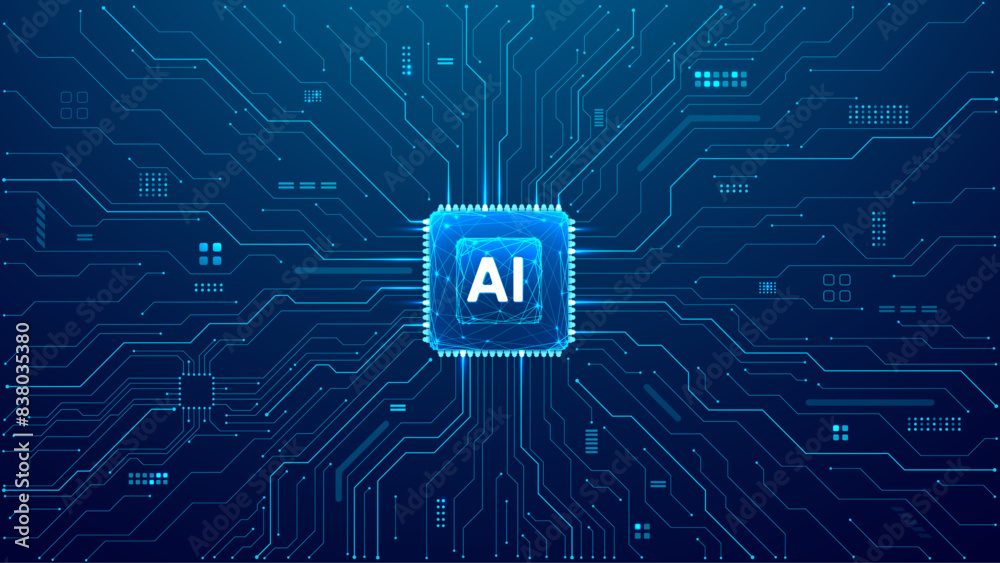 Poster AI chip background with circuit light elements in blue on technology dark background. Circuit board, AI semiconductor and computer processor. Abstract polygonal microchip. Low poly vector illustration