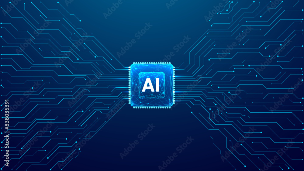 Poster Abstract AI polygonal chip with circuit elements on dark blue technology bg. A circuit board and light blue semiconductor. AI microchip on tech bg with place for text. Digital vector illustration. 