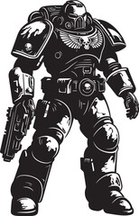 Futuristic Soldier with Weapon Badge Robot Army Man Cyborg Warrior Logo Vector Illustration