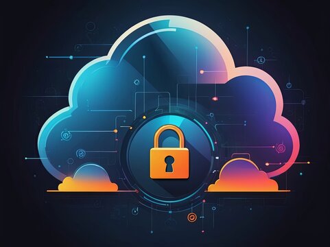 Digital Abstract illustration of cloud security services, stylized cloud icon integrated with a secure padlock symbol, representing data protection and cybersecurity in cloud computing environments
