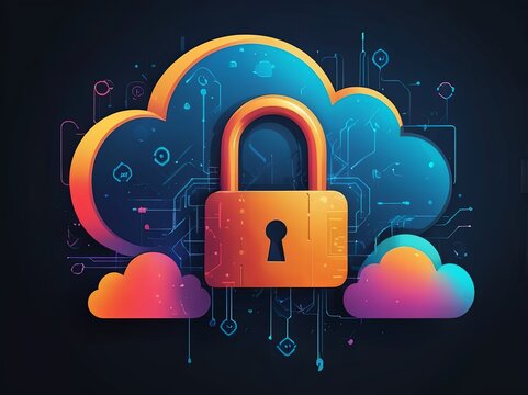 Digital Abstract illustration of cloud security services, stylized cloud icon integrated with a secure padlock symbol, representing data protection and cybersecurity in cloud computing environments
