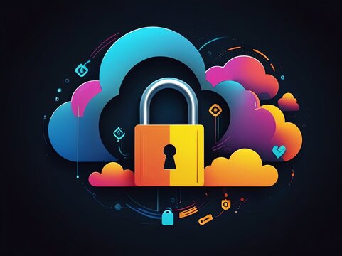Digital Abstract illustration of cloud security services, stylized cloud icon integrated with a secure padlock symbol, representing data protection and cybersecurity in cloud computing environments
