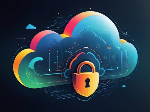 Digital Abstract illustration of cloud security services, stylized cloud icon integrated with a secure padlock symbol, representing data protection and cybersecurity in cloud computing environments
