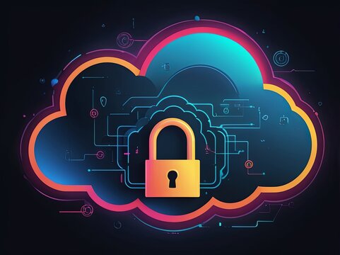 Digital Abstract illustration of cloud security services, stylized cloud icon integrated with a secure padlock symbol, representing data protection and cybersecurity in cloud computing environments
