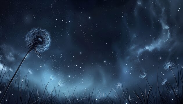 Fototapeta View of dandelion flowers growing at night