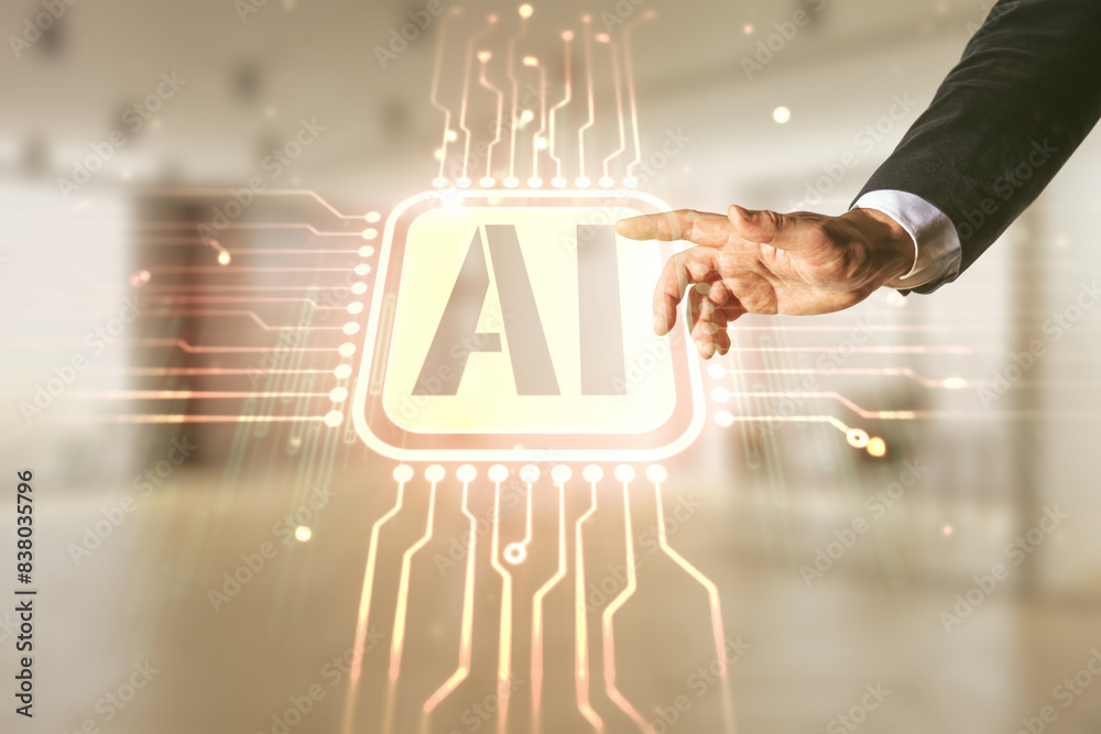 Aufkleber man hand working with abstract virtual artificial intelligence symbol hologram on blurred office bac