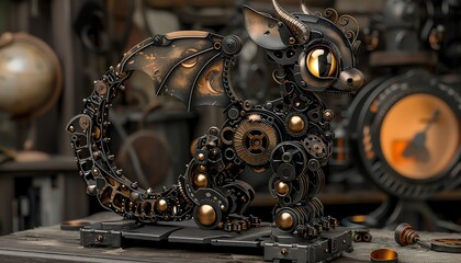 Steampunk dragon sculpture made of metal gears and parts